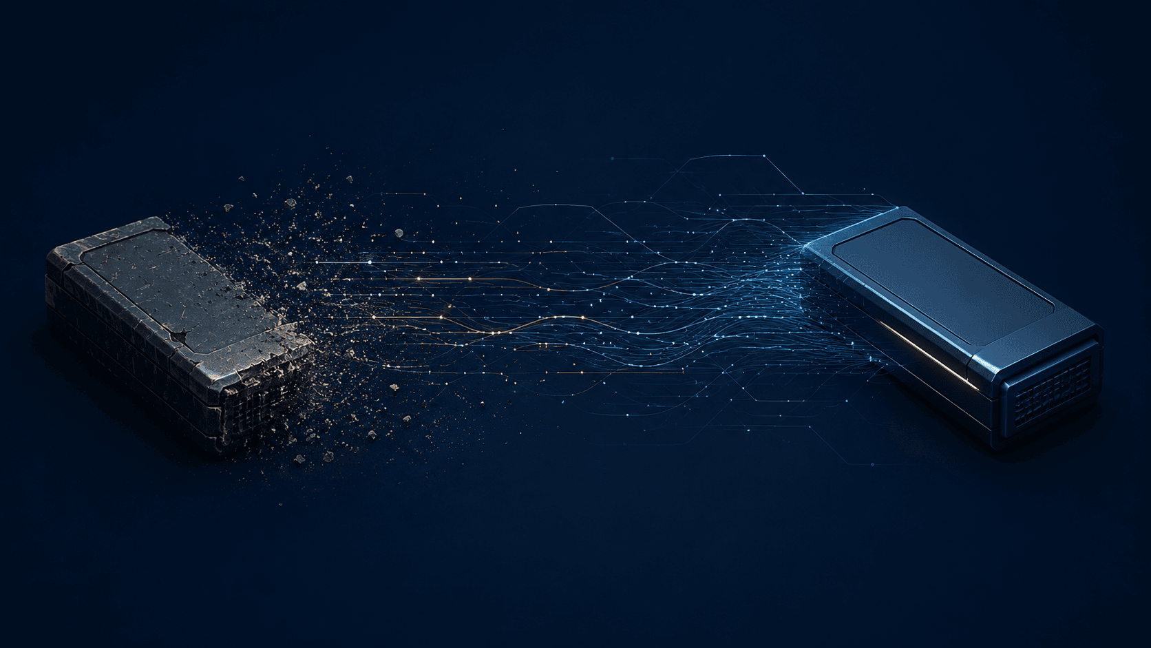 Weathered legacy device dissolving into data streams that reform as a modern one