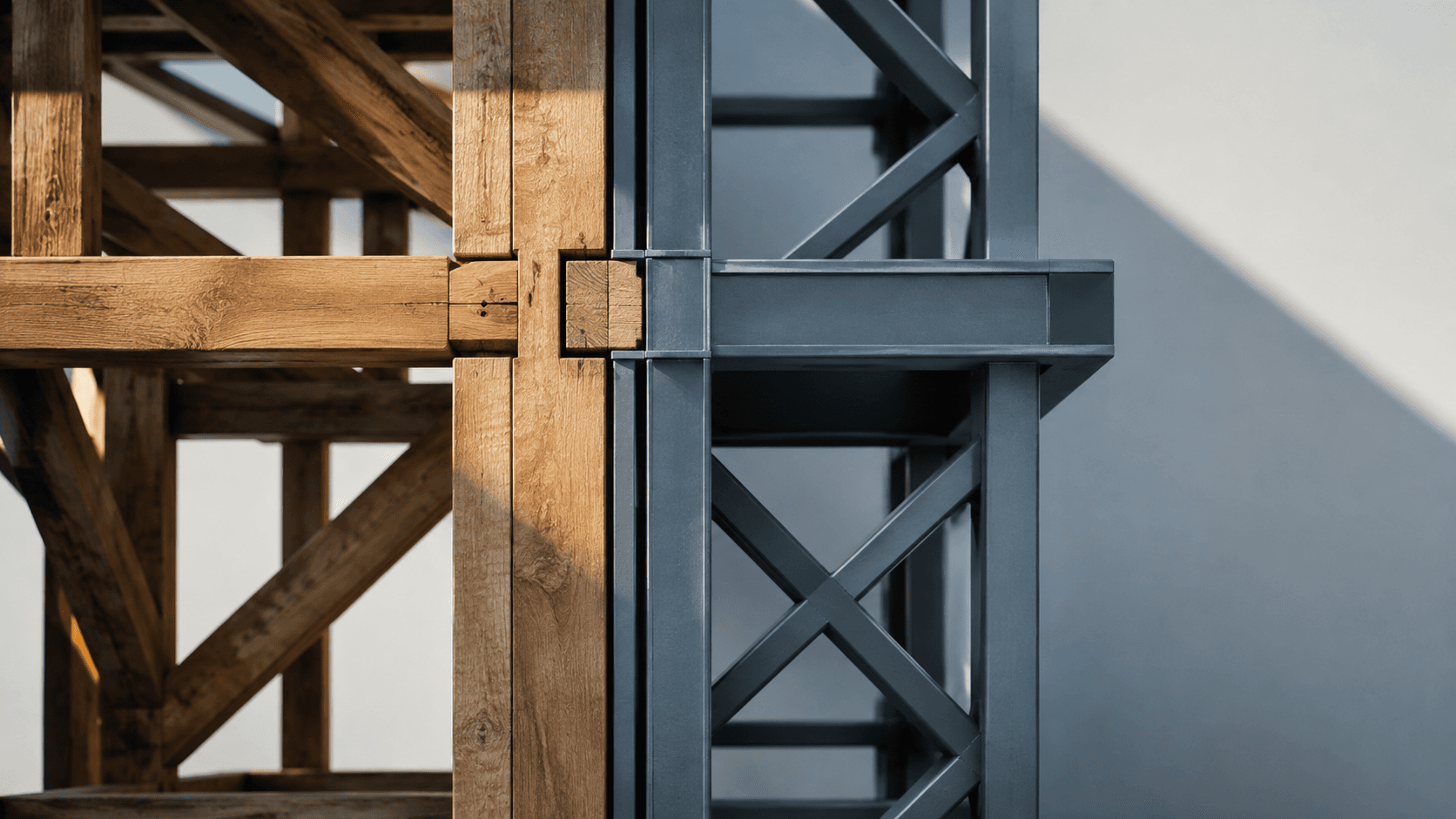 Reclaimed wood framing meeting a steel frame at a clean seam